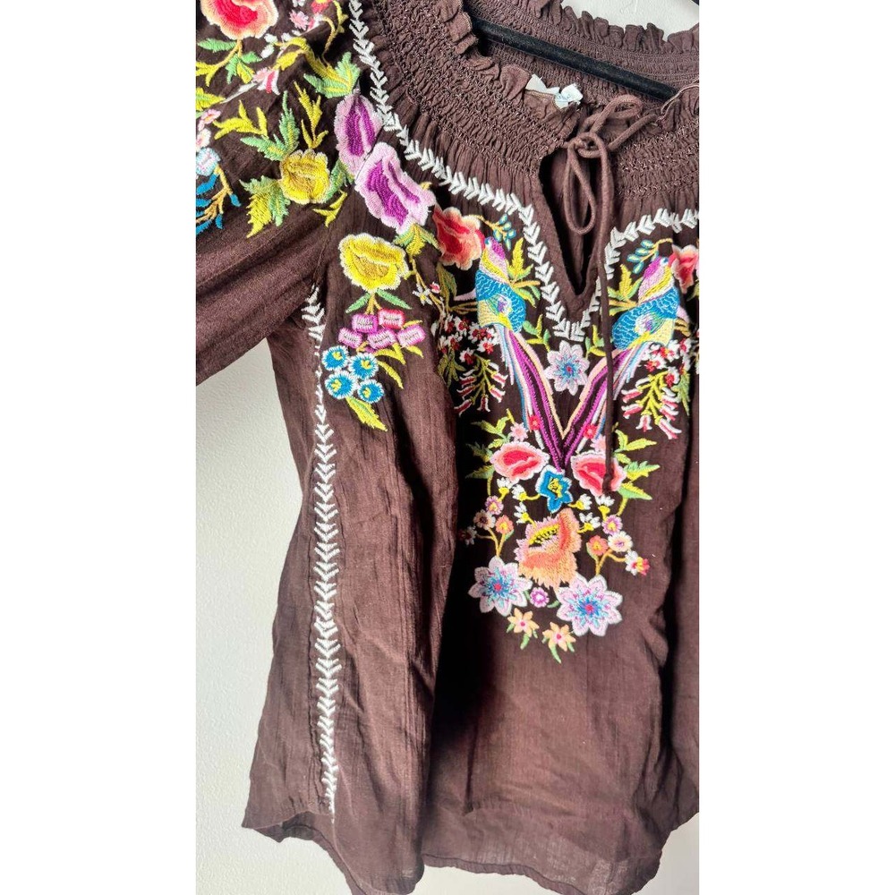 Sundance Amora Blooms Embroidered Peasant Blouse S Floral Boho Smocked Cotton - Picture 5 of 8